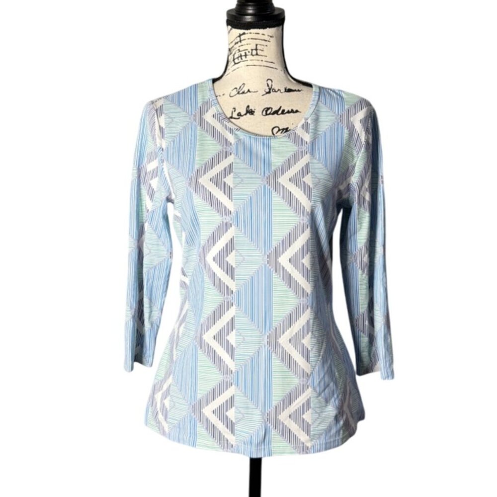 J. Mclaughlin Womens Top 3/4 Sleeve Catalina Cloth Blue White Geometric Size M